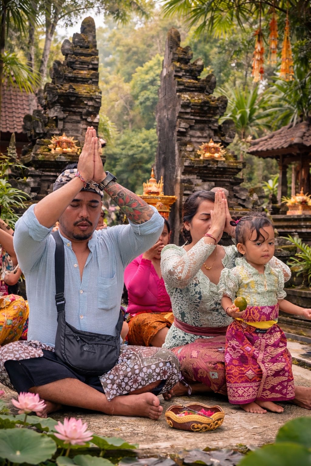 Justin and his family praying at a Balinese temple ceremony