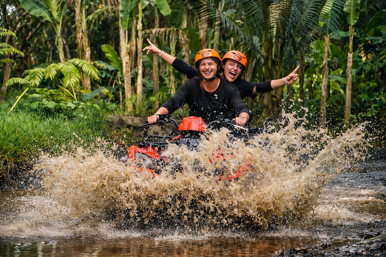 Friends splashing through water on ATV adventure in Ubud